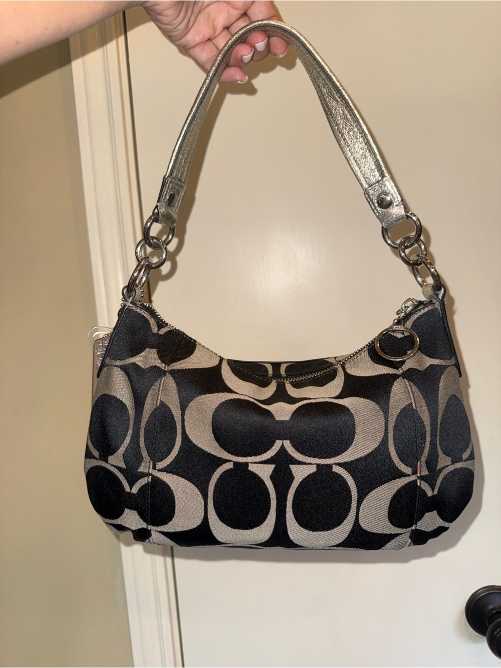 Coach Poppy Y2K Signature Shoulder Bag Black Canvas Silver Metallic Strap Charm - Picture 14 of 15